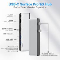 Surface Pro 9 dokas, 7-in-1 trigubas ekranas Surface Pro 9 priedai su 4k Hdmi + 8k vaizdo išvestimi, Usb-c Thunderbolt 4 (40g duomenų perdavimas + 100w įkrovimas), 3.5 mm audio jungtis, skirta Surface Pro 9/pro X