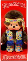 252886 Originalus Monchhichi berniukas Flower Power oranžinės, geltonos ir mėlynos spalvų, apie 20 cm dydžio minkštas žaislas pagamintas iš rudo pliušo