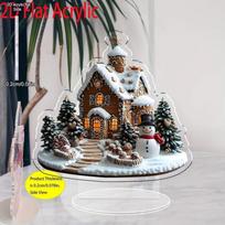 2D Flat Acrylic Gingerbread House Village Winter Scene Desktop Decoration, Snowman & Miniature Trees, Suitable for wall decoration, porch, room, villa 19*20CM gray