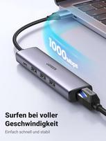 Ugreen usb šakotuvas ethernet adapteris gigabitinis lan adapteris su 3 usb 3.0 prievadais 1000mbps usb tinklo adapteris su aliuminio korpusu, pintas kabelis plug & play windows 11/10/8, mac os