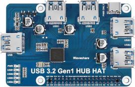 Waveshare usb 3.2 gen1 hub hat, skirtas raspberry pi 4 su 4x usb 3.2 gen1 prievadais iki 5gbps duomenų perdavimo sparta, palaiko driver-free plug and play usb galimybių išplėtimo plokštę