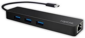 Logilink usb šakotuvas kompiuteriui/nešiojamam kompiuteriui, aliuminio korpusas, juodas, 3 prievadai + gigabitinis lan