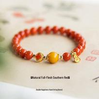 Red Agate & Amber Beaded Bracelet with Ruby Four-Leaf Clover for Women red