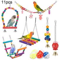 11PCS Parakeet Cockatiel Bird Toys, Bird Cage Toy Set Wood Birds Swing Reliable Chewable Bite Bridge Parrot Toy Cage Accessories 11pcs gray