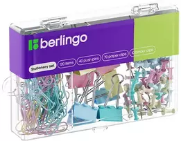 Raštinės reikmenų rinkinys: sąvaržėlės, spaustukai, smeigtukai, pastelinės spalvos, 1 vnt. Berlingo, pastelinių spalvų mišinys, 120 vnt.
