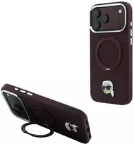 Dėklas Karl Lagerfeld su žiediniu stovu 360 Karl Head Pin MagSafe, skirtas iPhone 18 Pro / 17 Pro, bordo spalvos