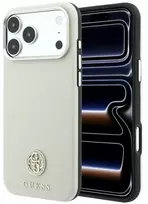 Guess Grained Round Strass Logo MagSafe dėklas, skirtas iPhone 18 Pro / 17 Pro – smėlio spalvos