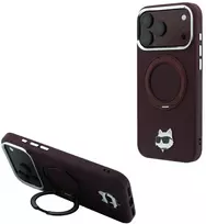 Dėklas Karl Lagerfeld su 360° žiedu-stovu Choupette Head Pin MagSafe, skirtas iPhone 18 Pro / 17 Pro, bordo spalvos