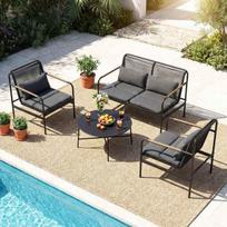 4 dalių lauko baldų komplektas: dvivietė sofa ir 2 kėdės su kavos staliuku, metalinis rėmas, pilkas PE rotangas