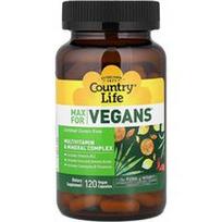 Country Life, „Max for Vegans®“, multivitaminų ir mineralų kompleksas, 120 veganiškų kapsulių