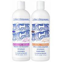 Chris Christensen Ice on Ice Detangling – drėkinamojo ir glotninamojo šampūno bei kondicionieriaus rinkinys su argano aliejumi sausam ir pažeistam kailiui.