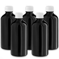 Juodas 100 ml stiklinis butelis su baltu PP dangteliu ir PE plomba, 5 vnt. rinkinys