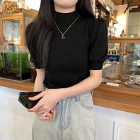 Vasaros senovinė megzta palaidinė su pūstomis rankovėmis, moteriška korėjietiška, pusiau aukštu kaklu, laisvalaikio elegantiški moteriški marškiniai, madingi ploni, vientisi viršutiniai drabužiai 25244 One Size juoda