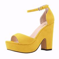 Vasariniai sandalai su kulkšnies dirželiu 12 cm Moteriški pompos Sexy Peep Toe Kvadratiniai aukštakulniai Moteriški batai Flock platforma vestuviniai batai 42 geltona