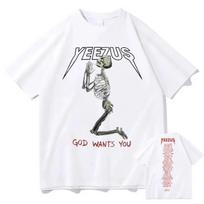 Naujas Dievas nori tavęs Kanye West Dvipusio spausdinimo marškinėliai Streetwear Skull Graphic marškinėliai Unisex Moteriški hiphopo marškinėliai Unisex Tops marškinėliai S gray