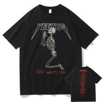 Naujas Dievas nori tavęs Kanye West Dvipusio spausdinimo marškinėliai Streetwear Skull Graphic marškinėliai Unisex Moteriški hiphopo marškinėliai Unisex Tops marškinėliai L gray