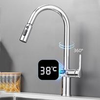 Virtuvinio maišytuvo temperatūros maišytuvas Virtuvės ištraukiamas virtuvės kriauklės maišytuvas Skaitmeninio ekrano funkcija Sukamieji virtuvės čiaupai sidabras