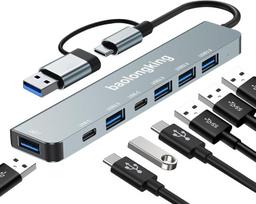 17,8 cm-1 Hub adapteris, Usb C šakotuvas su 2 Usb-c duomenų prievadais, Usb3.0 ir 4 Usb2.0, nešiojamas Usb C kelių prievadų adapteris, skirtas planšetiniam kompiuteriui, nešiojamam kompiuteriui, Ps5/ps4, Switch, spausdintuvui, Usb ventiliatoriui, atmintin
