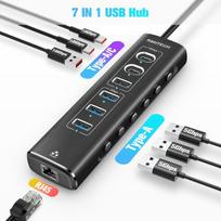 Usb c 3.1 šakotuvas active su maitinimo šaltiniu, rshtech 7-in-1 usb c 3.2 šakotuvas su ethernet adapteriu, 3 x 10gbps (2 x type c, 1 x type-a), 3 x 5gbps usb 3.0, usb-c kabelis, 24 w maitinimo šaltinis, aliuminis