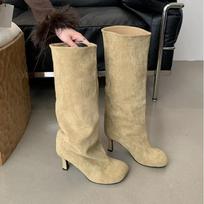 Žiemos gatvės stiliaus apvalaus piršto iki kelių moteriški batai Punk ploni aukštakulniai batai Moteriški ilgi ankle boots Zapatos De Mujer kulniukai moterys 36 beige