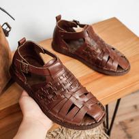 Retro sagtelės pinti vyriški sandalai vyriški romėniški batai pirmas sluoksnis karvės oda nacionalinio stiliaus verslo atsitiktiniai kvėpuojantys aukščiausios klasės odiniai batai 43 tamsiai ruda spalva