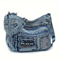 Vintažinė plauta džinsinė peties rankinė moterims, minkšto audinio kasdienė moteriška rankinė su užtrauktuku, vienos spalvos kaubojės stiliaus crossbody rankinė mėlyna