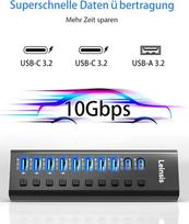 Maitinamas Usb 3.2 šakotuvas, Leinsis 10 prievadų Usb 3.2/usb-c šakotuvas (10Gbps Usb-a 3.2 + 2 Usb-c 3.2 + 7 Usb 3.0 prievadai) su atskirais įjungimo/išjungimo jungikliais ir 12 V maitinimo adapteriu, aliuminio Usb šakotuvas, maitinamas nešiojamam kompi