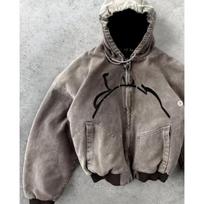 LUXEON Divin Vintage skalbta su užtrauktuku gobtuvinė striukė Y2K striukė vyriška roko hip hopo mozaikinė siuvinėta oversized gobtuvinė palaidinė ilgomis rankovėmis viršutiniai drabužiai XL ruda
