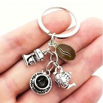 Coffee Lover's Barista Keychain Set: Machine, Pot, Cup & Beans brown