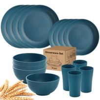 Kviečių šiaudų indų rinkiniai, įskaitant lėkštes ir dubenis 8 žmonėms, saugūs naudoti mikrobangų krosnelėje ir indaplovėje 16pcs mėlyna