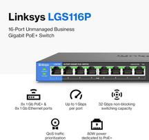 Linksys Lgs116p-eu 16 prievadų nevaldomas gigabitinis tinklo jungiklis su 8 Poe+ prievadais ethernet skirstytuvas - iki 1000mbps biurui ir namų ip stebėjimui - skirtas statyti ant stalo