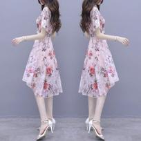 Spot supply female summer new summer fairy Mori irregular slim-fit printed ice silk dress M rožinė