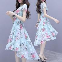Spot supply female summer new summer fairy Mori irregular slim-fit printed ice silk dress 3XL mėlyna