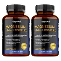 Magnio 12-in-1 kompleksinės kapsulės, 700 mg porcijoje, kuriose yra magnio glicinato, magnio citrato ir magnio malato mišinio. 120*2 black
