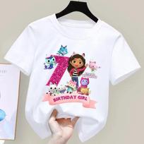 Gabbys Dollhouses Birthday Number T-shirt Girls White Pink Short Sleeve T-shirts Tops Cotton Summer Casual Party Supplies Tee 120 white