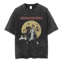 Radiohead Band OK Computer Retro Washed T-shirt women's and  Fashion Hip Hop T-shirt 100% Cotton Casual T-shirt S black