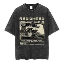 Radiohead Band OK Computer Retro Washed T-shirt women's and  Fashion Hip Hop T-shirt 100% Cotton Casual T-shirt M black
