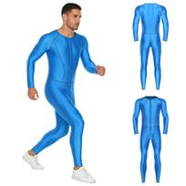 Suaugusiems vyrams pilno kūno maudymosi kostiumas kombinezonas Išorinė plokščia siūlė Priekinis užtrauktukas Blizgus Slim ilgos kelnės Kompresiniai rompersai Bodysuit jogai XXL mėlyna