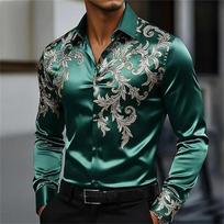 Men's Luxury Satin-Finish Shirt – Long-Sleeve, Glossy Button-Down with Gold Floral Print and Collar – Wedding Shirt 6XL gray
