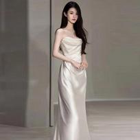 Satin light wedding dress French white super fairy tube top Mori out yarn 1011 new summer lazy design dress XXXL balta