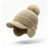 Women S Winter Knit Hat With Ear Flaps Pom Pom Visor Thick Warm One Size chaki