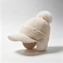 Women S Winter Knit Hat With Ear Flaps Pom Pom Visor Thick Warm One Size smėlis