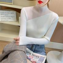 Women Solid Color Sweaters Autumn And Winter Long Sleeve Slim Fit Pullovers Sexy Mesh Collar Knit Tops Clothes 29040 One Size balta