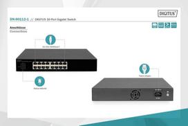Digitus 16 prievadų gigabitinis tinklo jungiklis - neprižiūrimas - be ventiliatoriaus - 10/100/1000mbps - su 19" montavimo laikikliais - juodas