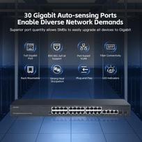 Binardat 30 prievadų poe switch, 24 poe+ prievadai 100/1000mbps, 4 gigabitų uplink, 2 sfp, ieee802.3af/at, 450w vidinis maitinimo šaltinis, metalinis korpusas, nevaldomas, plug and play, montuojamas į stelažą