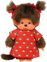 221295 Originalus Monchhichi mergaitės pliušinis žaislas su Monchich suknele ir kaspinėliais, apie 20 cm didelis minkštas žaislas pagamintas iš rudo pliušo
