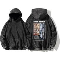 Attack on Titan Anime Sweatshirt Eren Jaeger Print Hooded Men Women Vintage Hoodies Washed Cotton Sweatshirt Harajuku Streetwear L gray