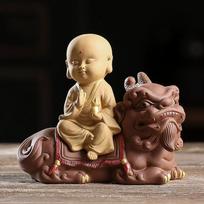 Zisha Clay Three Saints Statue - Zen Buddha Figurine for Tea Room Altar, Wealth Feng Shui Office Decor, Chinese Ceramic Art beige