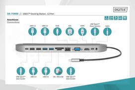Digitus usb-c dokas su planšetinio kompiuterio laikikliu - 12 prievadų - dvigubas ekranas hdmi + vga - gbit lan - 2 kortelių skaitytuvas - pd 3.0