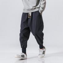 Medvilnės lino haremo kelnės vyrams Vienspalvės Elastingas juosmuo Streetwear Bėgiojimo kelnės Laisvos Nuleistas klynas Laisvalaikio kelnės Vyrams L black